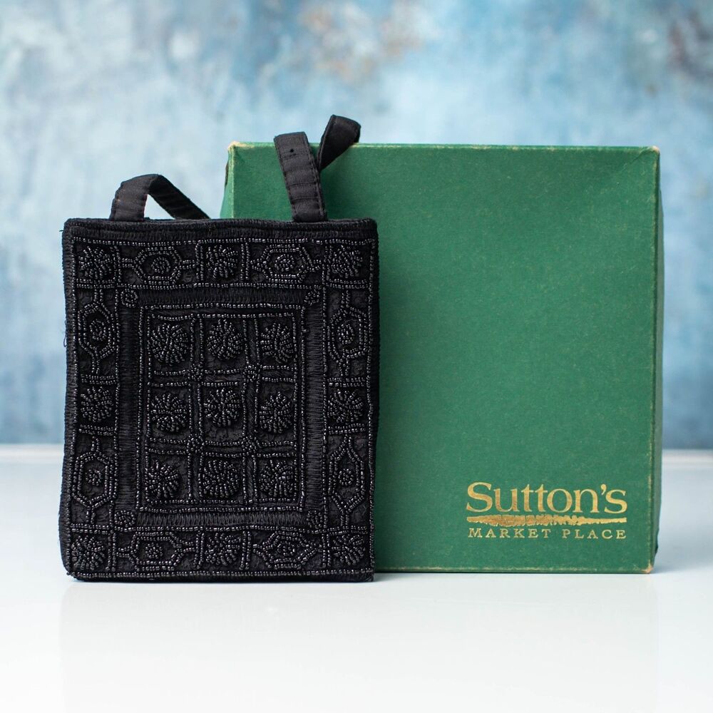 Vintage Black Beaded Silk Mini Tote Handbag Made in India Sutton's Market Place
